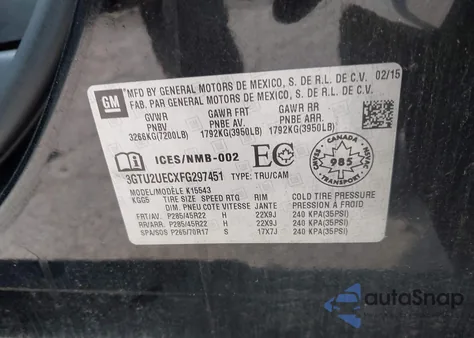 2015 GMC Sierra 1500 Sle from USA, damaged, VIN 3GTU2UECXFG297451